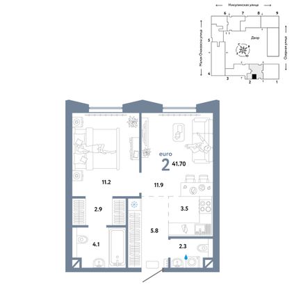 41,7 м², 2-комн. квартира, 6/30 этаж