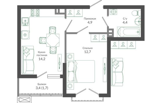 37,9 м², 1-комн. квартира, 12/12 этаж