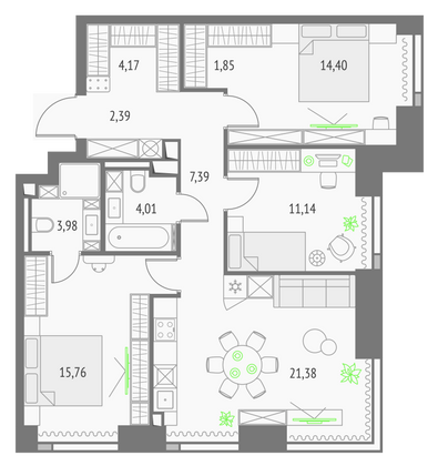 86,5 м², 3-комн. квартира, 32/57 этаж