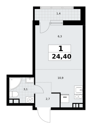 24,4 м², своб. планировка, 3/10 этаж