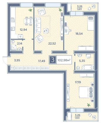Продажа 3-комнатной квартиры 103 м², 2/17 этаж