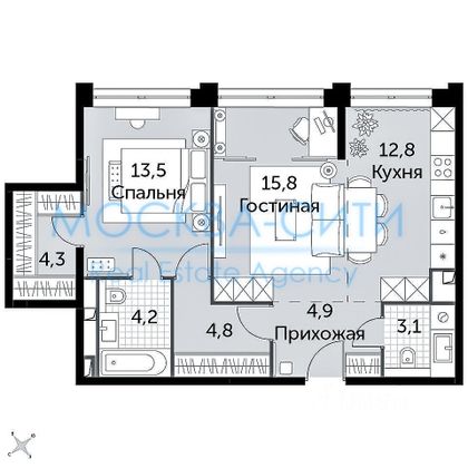 Продажа 2-комнатной квартиры 63,4 м², 39/44 этаж