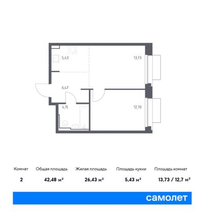 42,5 м², 1-комн. квартира, 18/21 этаж