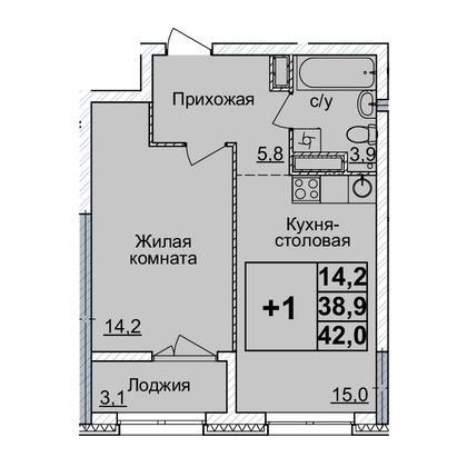 Продажа 1-комнатной квартиры 42 м², 22/24 этаж