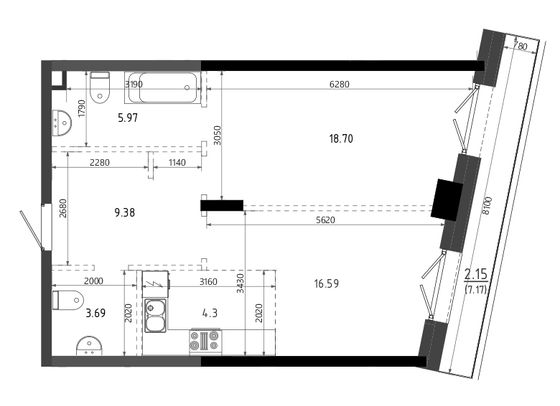 60,8 м², 2-комн. квартира, 2/19 этаж