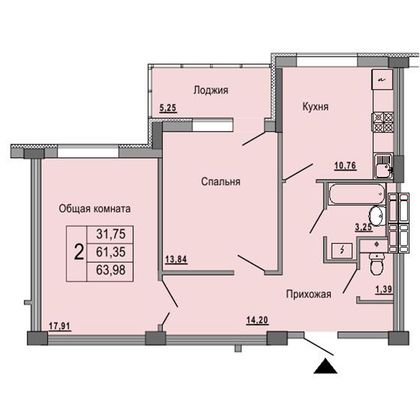 Продажа 2-комнатной квартиры 64 м², 12 этаж