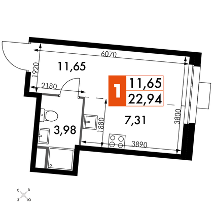 22,9 м², студия, 1/15 этаж