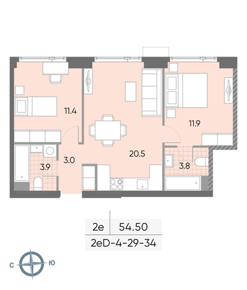 Продажа 2-комнатной квартиры 54,5 м², 31/52 этаж