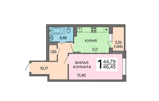 Продажа 1-комнатной квартиры 46,5 м², 3/13 этаж