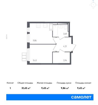 31,4 м², 1-комн. квартира, 15/17 этаж