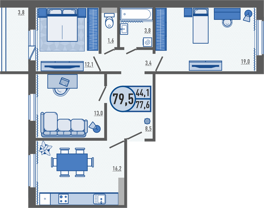 79,6 м², 3-комн. квартира, 3/16 этаж