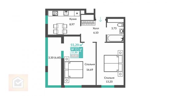 Продажа 2-комнатной квартиры 55,3 м², 3/12 этаж