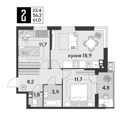 Продажа 2-комнатной квартиры 61 м², 4/9 этаж