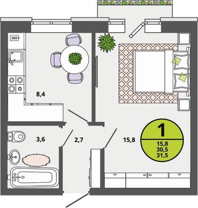 30,5 м², 1-комн. квартира, 2/3 этаж