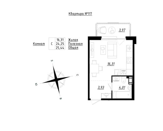 25,4 м², студия, 5/5 этаж