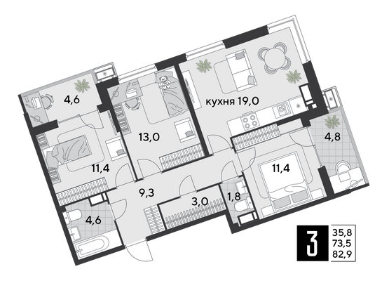 Продажа 3-комнатной квартиры 82,9 м², 14/18 этаж