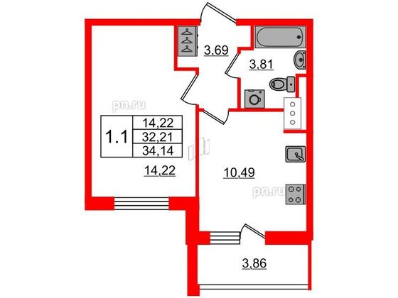 Продажа 1-комнатной квартиры 32,2 м², 5/17 этаж