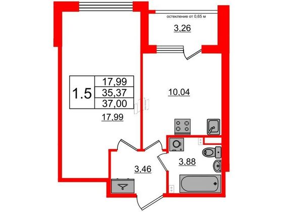 Продажа 1-комнатной квартиры 35,4 м², 2/4 этаж