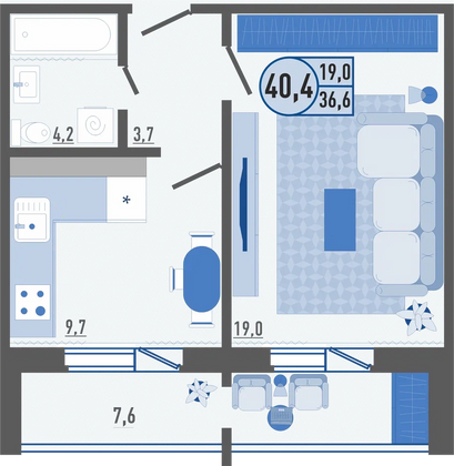 40,4 м², 1-комн. квартира, 12/16 этаж