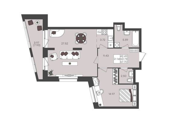 Продажа 2-комнатной квартиры 67,7 м², 16/22 этаж