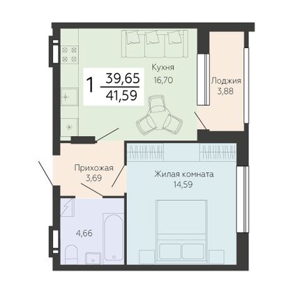 Продажа 1-комнатной квартиры 41,6 м², 2/14 этаж