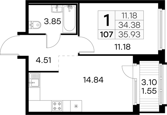 35,9 м², 1-комн. квартира, 12/15 этаж