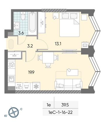 39,5 м², 1-комн. квартира, 19/43 этаж