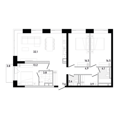 106,7 м², 3-комн. квартира, 22/26 этаж