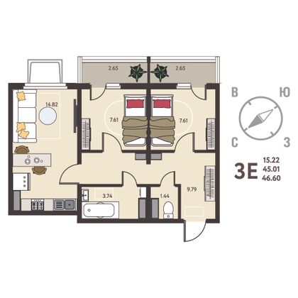 46,6 м², 2-комн. квартира, 1/18 этаж