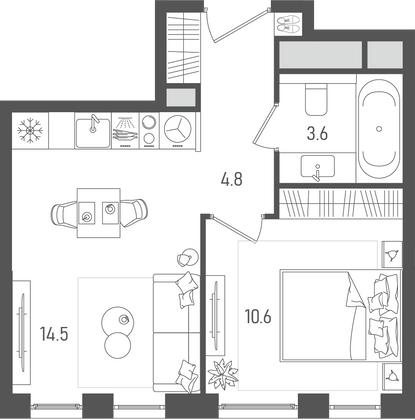 33,5 м², 1-комн. квартира, 4/7 этаж