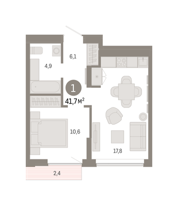 Продажа 1-комнатной квартиры 41,7 м², 3/8 этаж