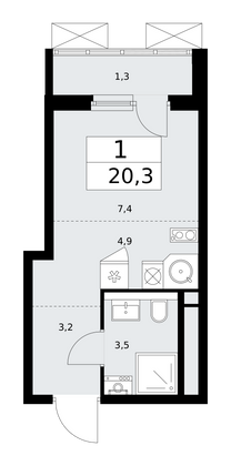 20,3 м², 1-комн. квартира, 14/16 этаж