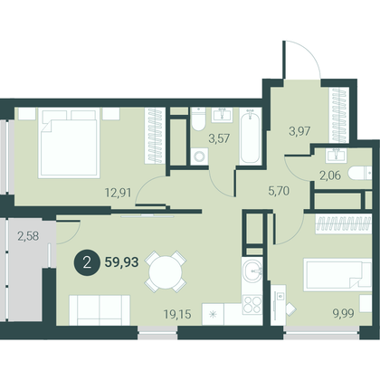 59,9 м², 2-комн. квартира, 13/10 этаж