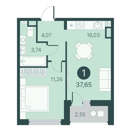 37,7 м², 1-комн. квартира, 2/10 этаж