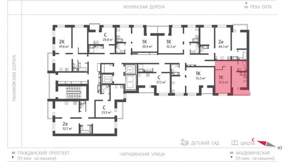 32,3 м², 1-комн. квартира, 20/25 этаж