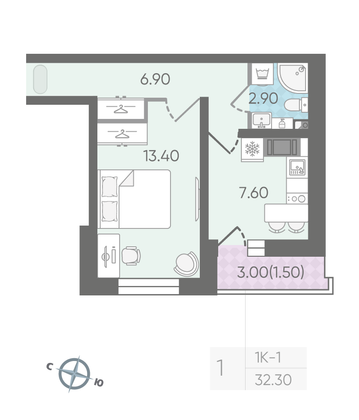 Продажа 1-комнатной квартиры 32,3 м², 20/25 этаж