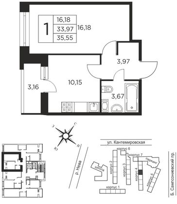 34 м², 1-комн. квартира, 12/12 этаж