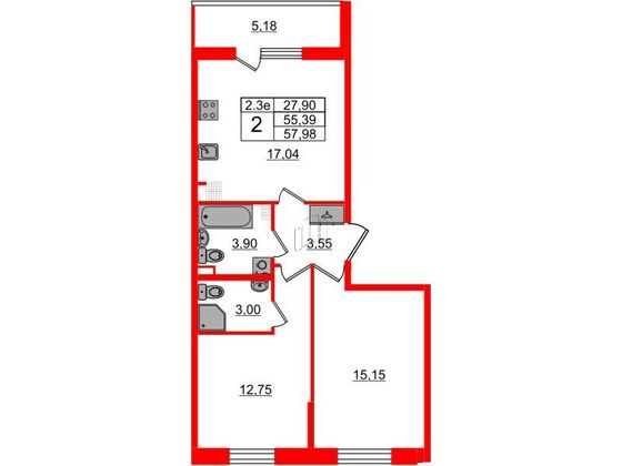 Продажа 2-комнатной квартиры 55,4 м², 5/5 этаж