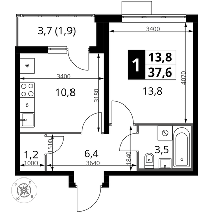 37,6 м², 1-комн. квартира, 5/22 этаж