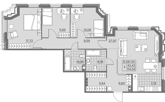 115,3 м², 3-комн. квартира, 8/12 этаж