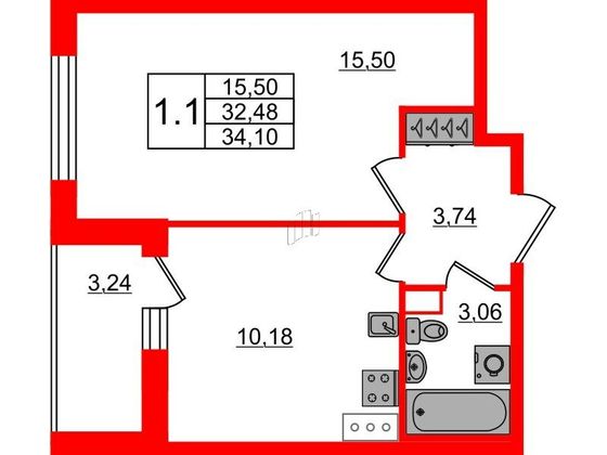 Продажа 1-комнатной квартиры 32,5 м², 14/14 этаж