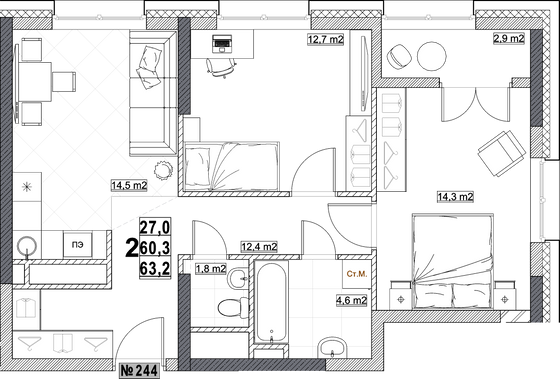 Продажа 2-комнатной квартиры 63,2 м², 13/24 этаж