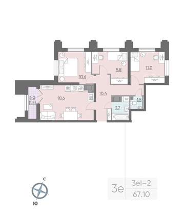 Продажа 3-комнатной квартиры 67,1 м², 23/23 этаж