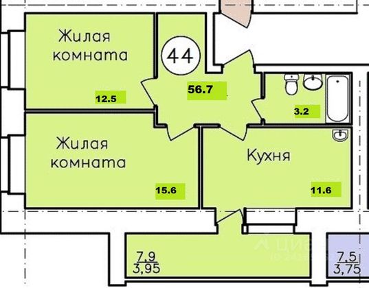 Продажа 2-комнатной квартиры 56 м², 4/11 этаж