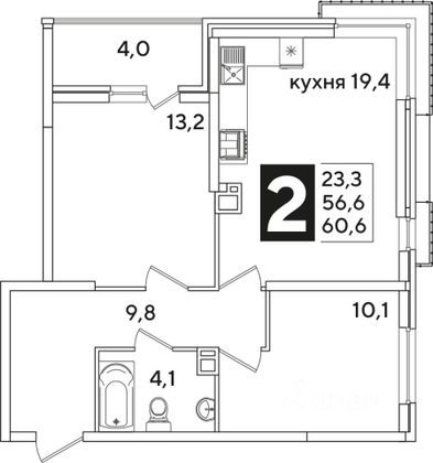 Продажа 2-комнатной квартиры 60 м², 7/16 этаж