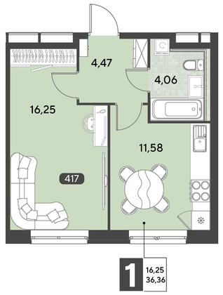 Продажа 1-комнатной квартиры 36,4 м², 6/21 этаж
