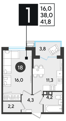 Продажа 1-комнатной квартиры 41,8 м², 3/9 этаж