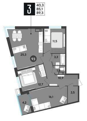 Продажа 3-комнатной квартиры 89,3 м², 11/18 этаж