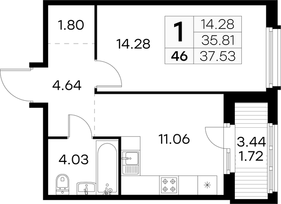 37,5 м², 1-комн. квартира, 5/15 этаж