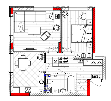 Продажа 2-комнатной квартиры 56 м², 1/4 этаж